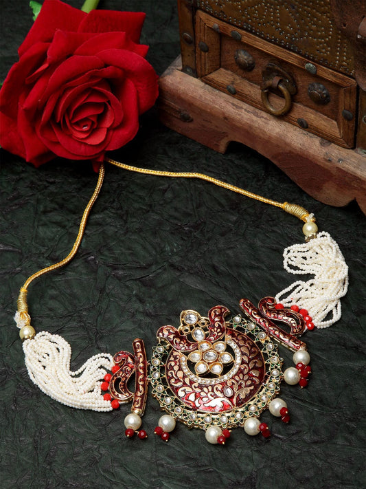 Women Red & Off White Gold-Plated Kundan & Pearl Studded Hand Painted Choker