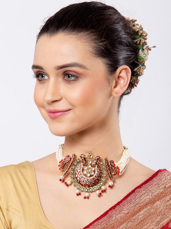 Women Red & Off White Gold-Plated Kundan & Pearl Studded Hand Painted Choker