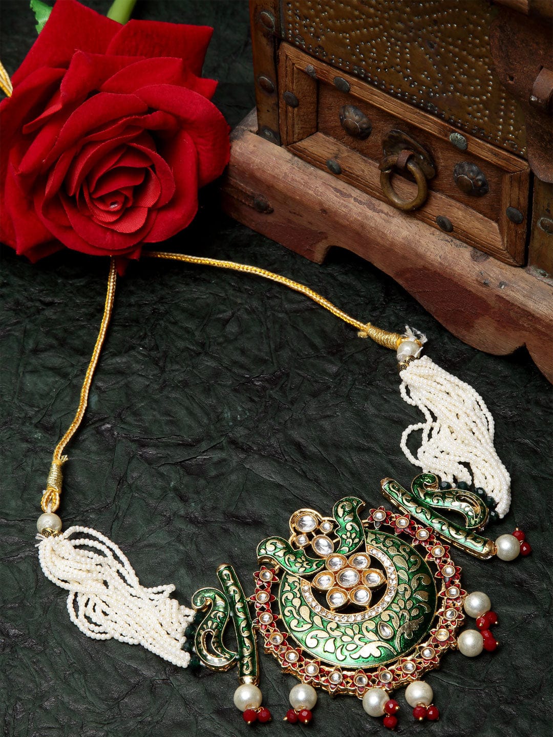 Brass Gold-Plated Kundan Meenakari Necklace