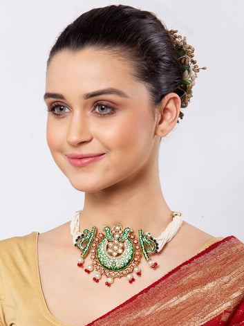 Brass Gold-Plated Kundan Meenakari Necklace