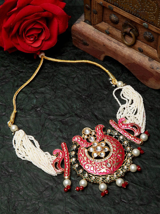 Brass Gold-Plated Kundan Meenakari Necklace