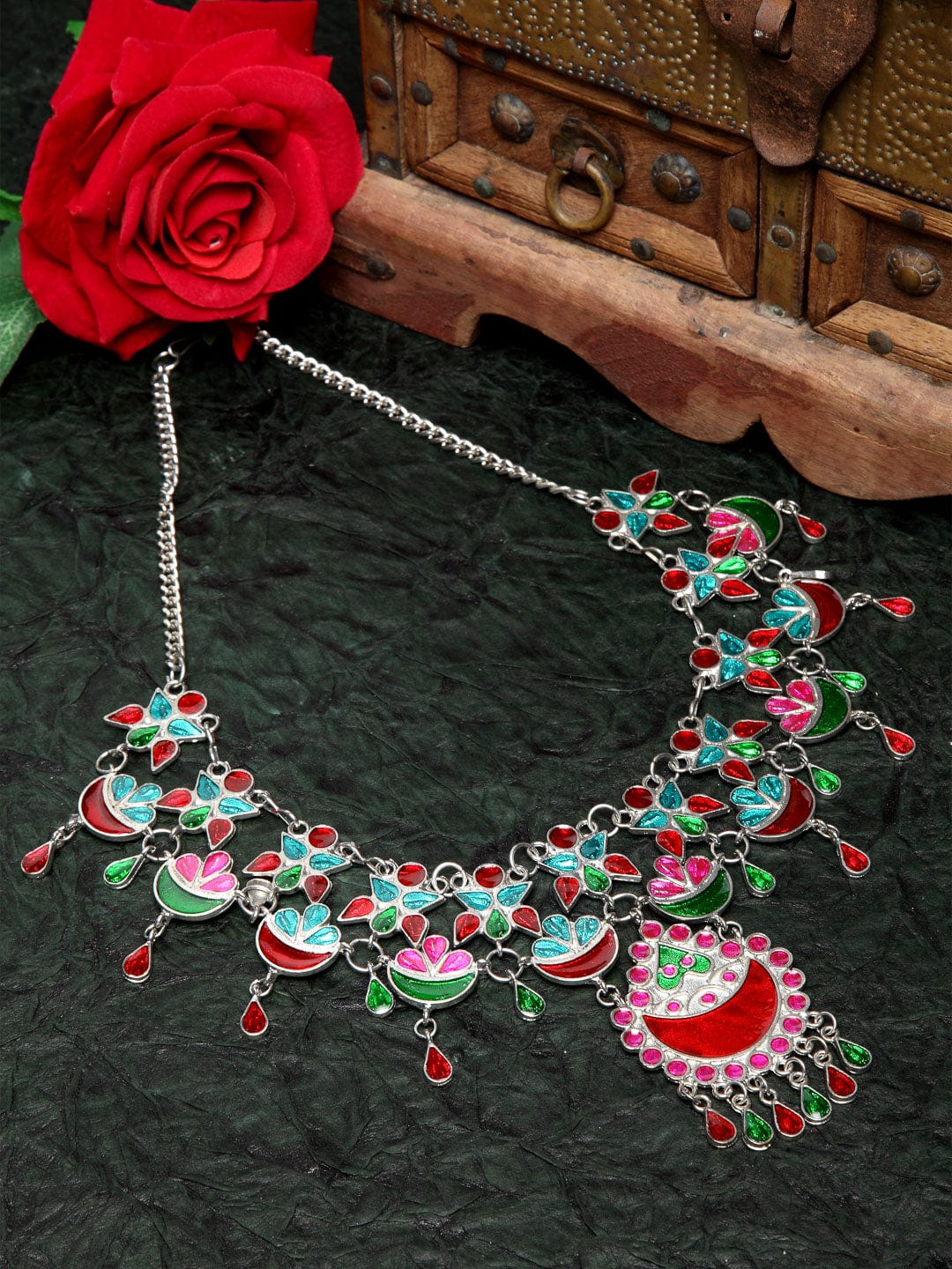 Silver-Plated & Red Brass Meenakari Necklace