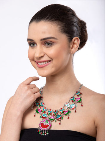 Silver-Plated & Red Brass Meenakari Necklace