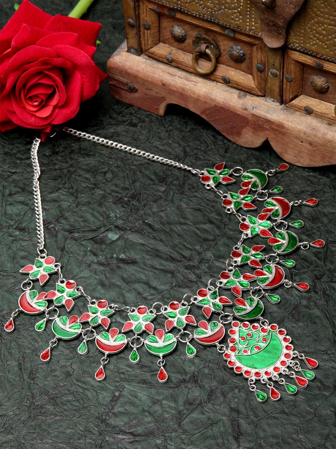 Brass Silver-Plated Meenakari Necklace