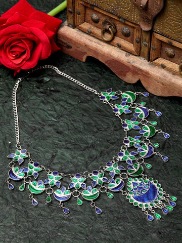 Silver-Toned & Green Brass Silver-Plated Meenakari Necklace