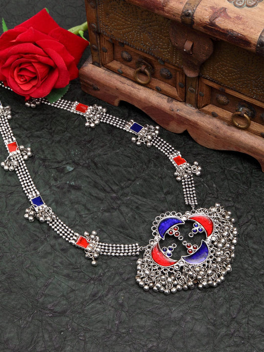 Women Red & Blue Silver-Plated Meenakari Handcrafted Necklace