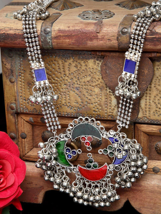 Women Silver & Blue Meenakari Afghan Design Oxidised Necklace