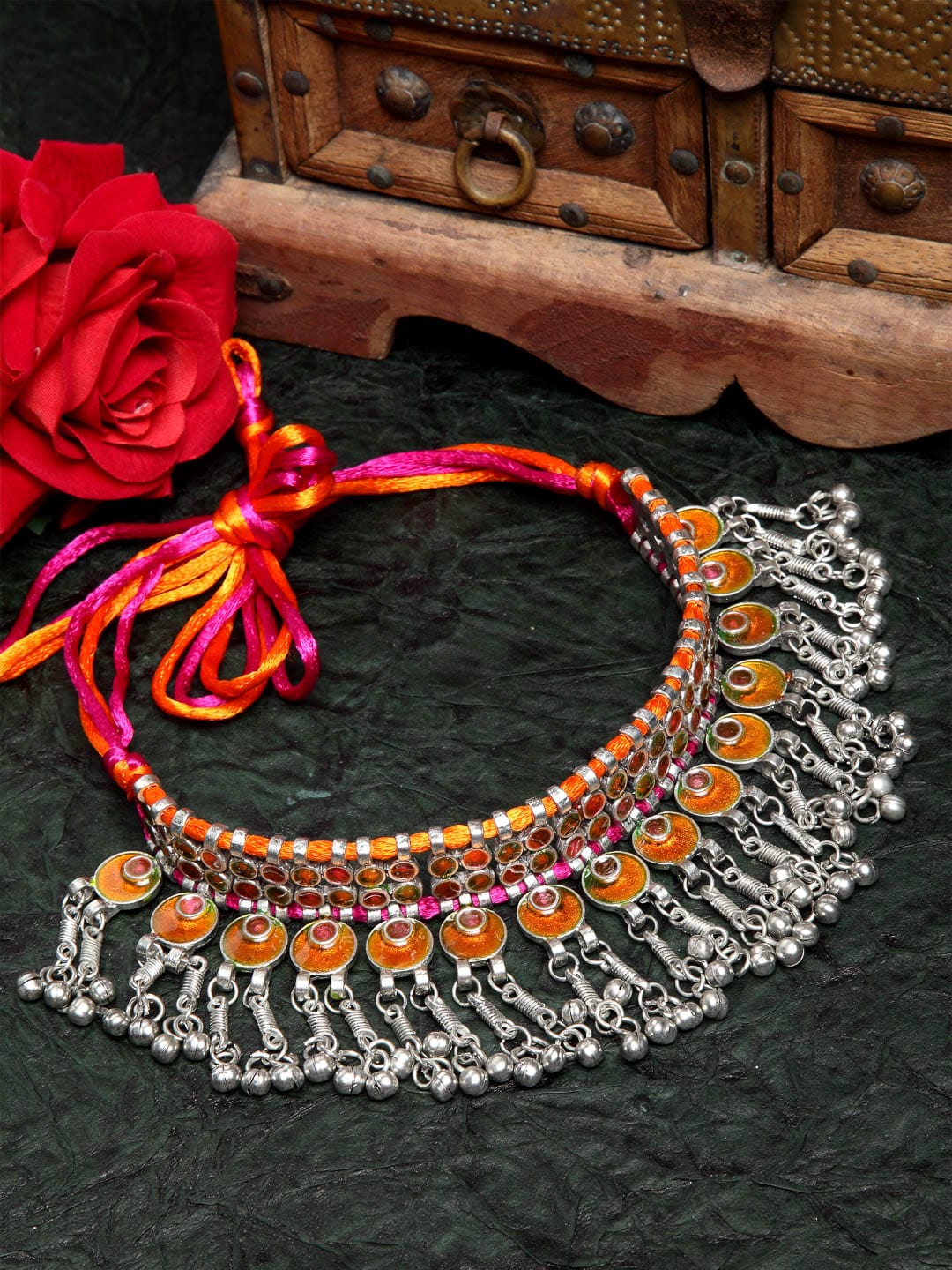 Silver-Toned & Red Brass Silver-Plated Meenakari Necklace
