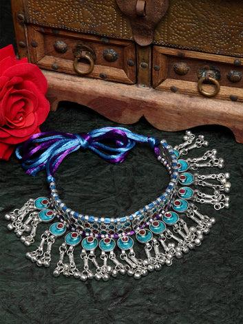 Women Silver-Toned & Turquoise Blue Brass Meenakari Necklace