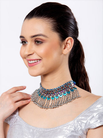 Women Silver-Toned & Turquoise Blue Brass Meenakari Necklace