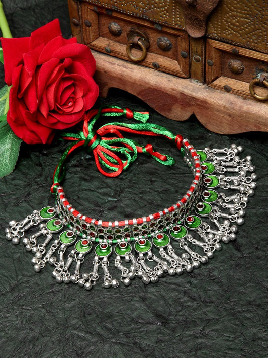 Silver-Toned & Green Brass Silver-Plated Meenakari Necklace