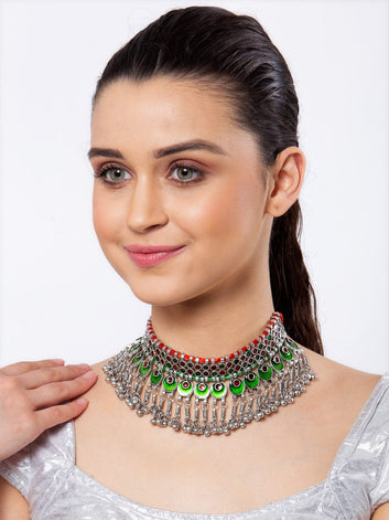 Silver-Toned & Green Brass Silver-Plated Meenakari Necklace