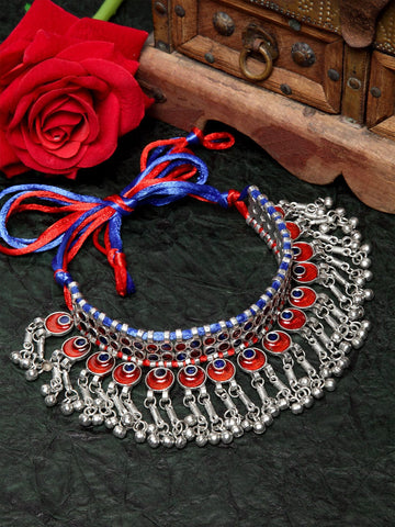 Silver-Toned & Red Brass Silver-Plated Afghan Meenakari Tasseled Necklace