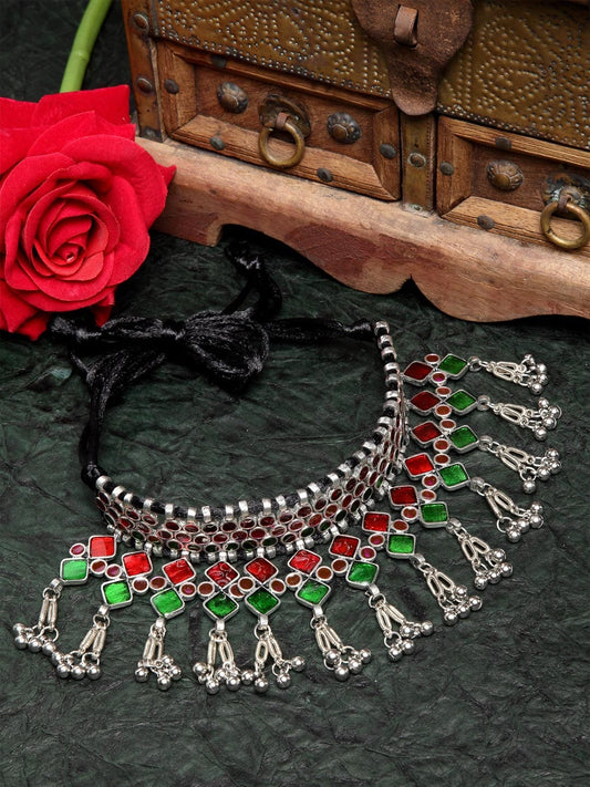 Women Silver & Red Meenakari Silver Plated Oxidised Choker Necklace