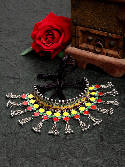 Silver-Toned & Yellow Brass Silver-Plated Afghan Tasseled Meenakari Necklace