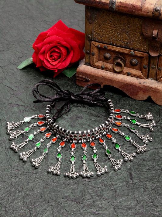 Silver-Plated & Red Brass Meenakari Necklace