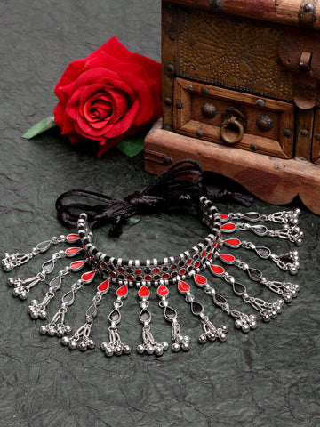 Women Silver-Toned & Red Brass Meenakari Necklace