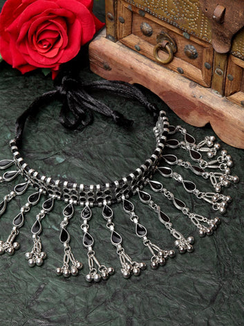 Silver-Toned & Black Brass Silver-Plated Afghan Meenakari Tasseled Necklace