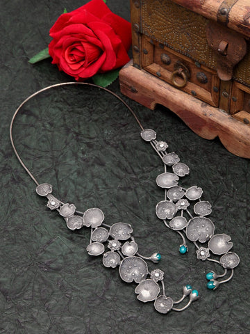 Women Metallic Crystals & Pearls Studded Oxidised Silver Plated Hasli