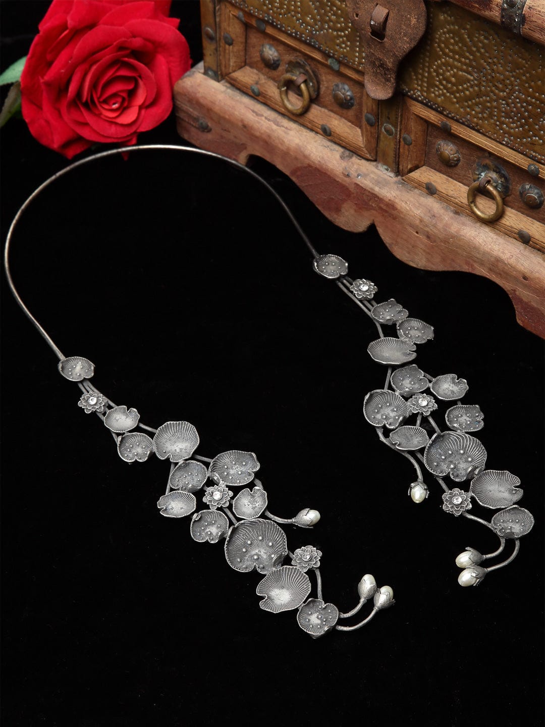 Gunmetal-Toned Brass Silver-Plated Oxidised Necklace