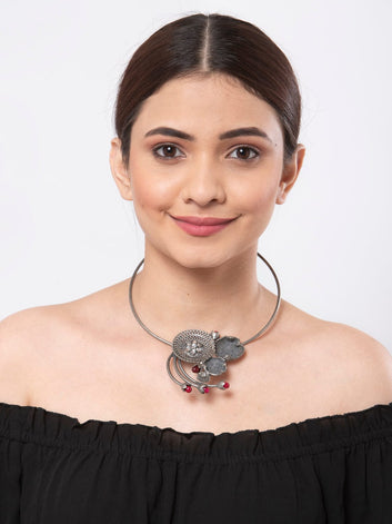 Silver-Toned Brass Silver-Plated Oxidised Necklace