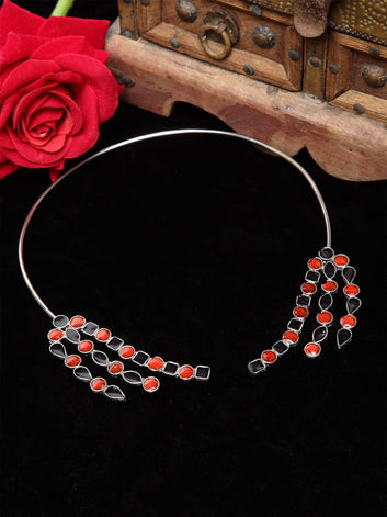 Silver-Toned & Navy Blue Brass Silver-Plated Meenakari Necklace