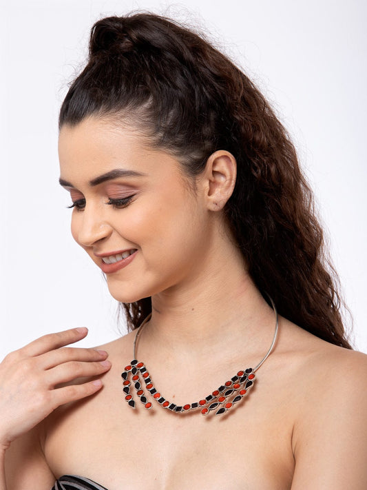 Silver-Toned & Navy Blue Brass Silver-Plated Meenakari Necklace