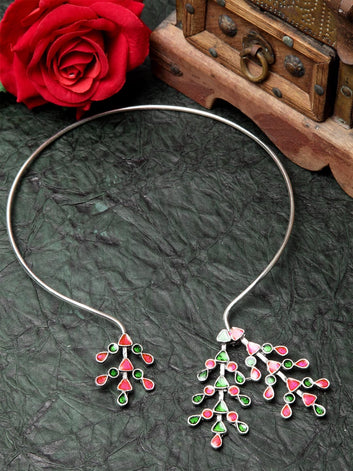 Silver-Toned & Pink Brass Silver-Plated Meenakari Necklace