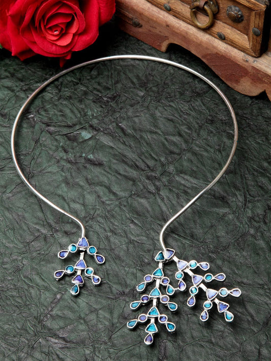 Silver-Toned & Turquoise Blue Brass Afghan Meenakari Oxidised Necklace
