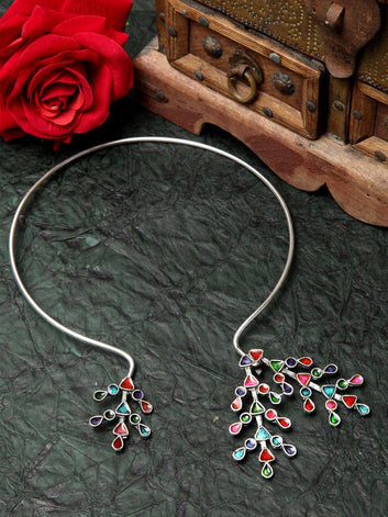 Silver-Toned & Pink Brass Silver-Plated Meenakari Necklace