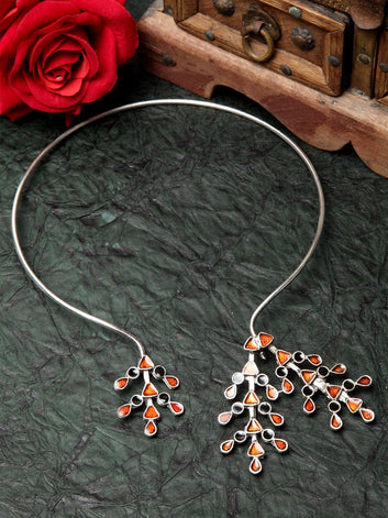 Silver-Toned & Peach-Coloured Brass Afghan Silver-Plated Meenakari Necklace