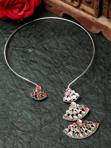 Silver-Plated & Pink Brass Meenakari Necklace