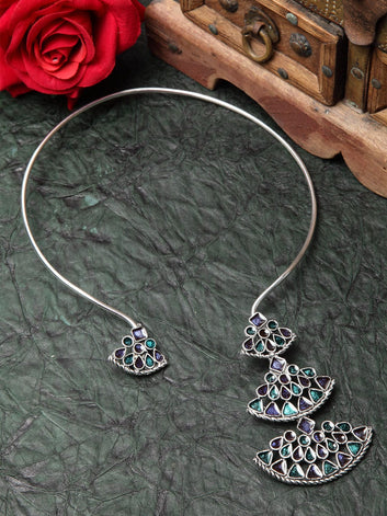 Silver-Toned & Green Brass Silver-Plated Afghan Meenakari Necklace