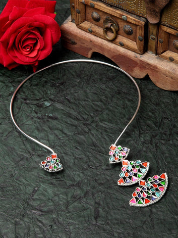 Silver-Toned & Red Brass Silver-Plated Meenakari Necklace