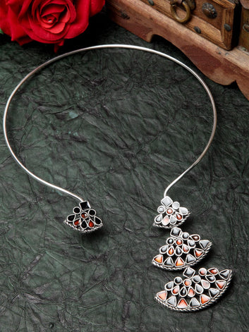 Women Red & Black Silver-Plated Hand Painted Meenakari Hasli Choker Necklace