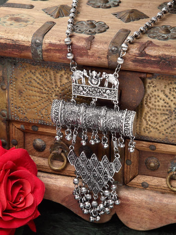 Women Silver-Toned & Black Brass Oxidised Necklace