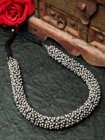 Silver-Toned & Black Brass Silver-Plated Layered Necklace