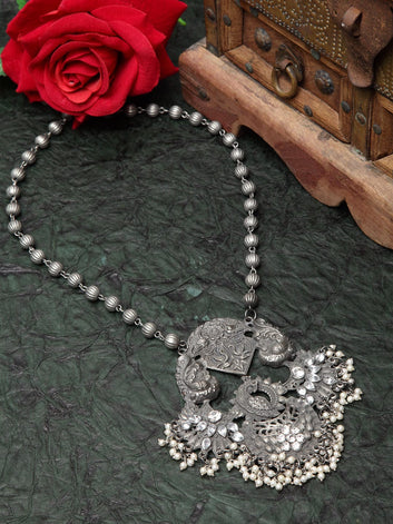 Silver-Plated Gunmetal-Toned & White Brass Oxidised Necklace