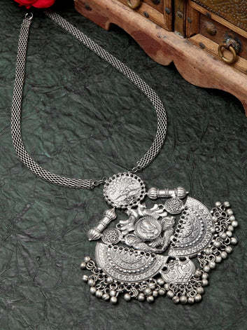 Women Silver-Toned & Plated Filigree Work Oxidised Temple Necklace
