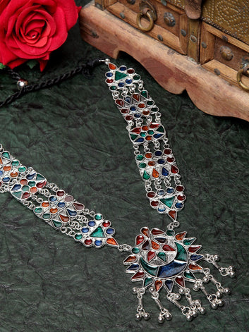 Women Silver & Brown Meenakari Work Afghan Design Necklace