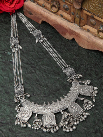 Handcrafted Tasselled Jhumki Design Oxidised Silver Plated Antique Tribal Necklace