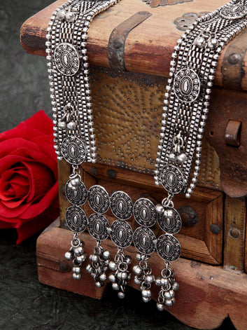 Women Silver Oxidised Filigree Work Tasseled Necklace