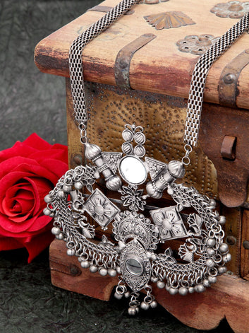 Women Oxidised Silver Mirrors Studded Filigree Work Pendant Necklace