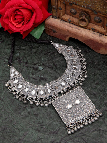 Women Silver Mirror Studded Antique Necklace