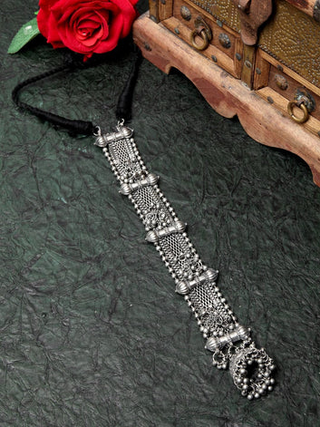 Women Silver-Toned & Plated Tasselled Filigree Work Oxidised Necklace