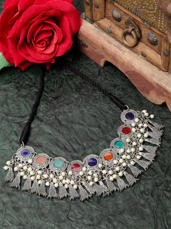 Women Multicoloured Silver-Plated Pearls Studded Tasselled Choker Necklace