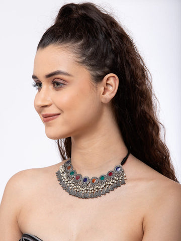 Women Multicoloured Silver-Plated Pearls Studded Tasselled Choker Necklace