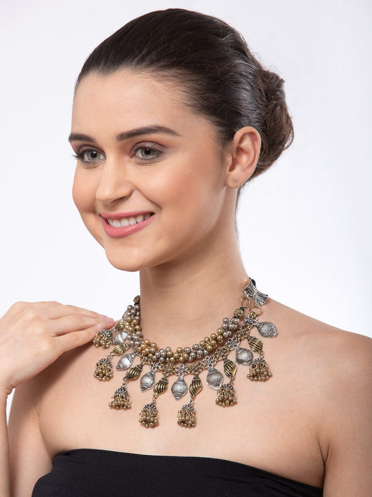 Gold-Toned & Silver-Toned Brass Gold-Plated Tasseled & Oxidised Necklace
