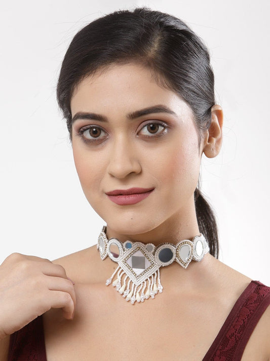Women Off White & Silver-Plated Mirror & Crystal Studded Choker Necklace