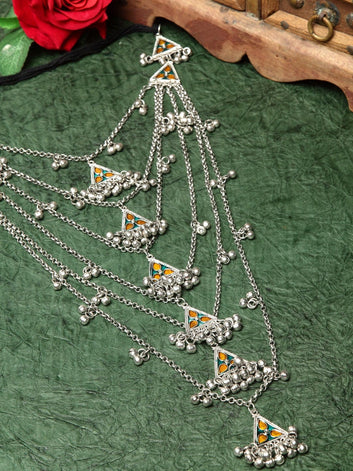 Women Silver Beads Studded Meenakari Work Layered Necklace